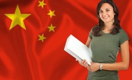 A woman holding a book in front of a Chinese flag, promoting 'earn Chinese For Beginners