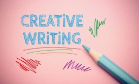 Creative Writing displayed on a pink background, showcasing artistic expression and imagination in creative writing class