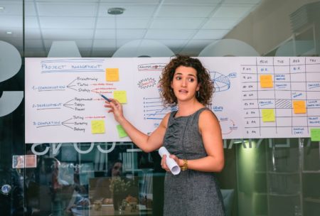 a woman stands before a whiteboard, actively closing a project while referencing notes and visuals displayed