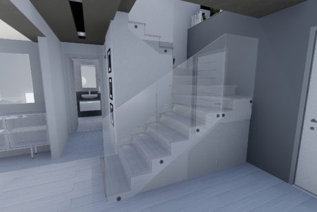 a 3D rendering of a house's staircase. Experience the joy of designing your own house in 3D