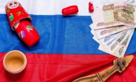 an image depicting the Russian ruble, alongside matryoshka representing a russian language course