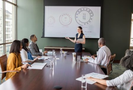 woman discussing market strategy
