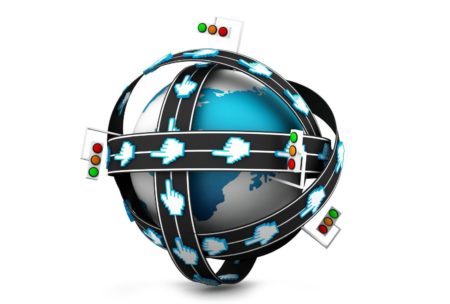 globe wrapped in web traffic icons