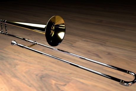 trombone on wooden floor