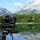 camera and mountain landscape