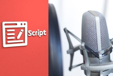 scripts logo and silver microphone