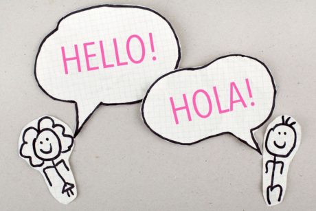 stick figures saying hello and spanish hola