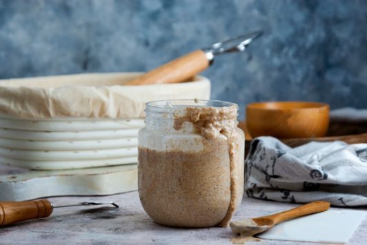 sourdough starter and baking tools