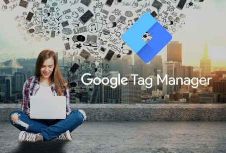 woman typing on laptop and google tag manager logo