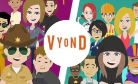 a vibrant 2D character animation showcasing the Vyond app, illustrating a new way to connect with friends