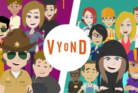 a vibrant 2D character animation showcasing the Vyond app, illustrating a new way to connect with friends