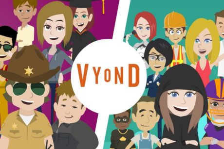 2d animated characters and vyond logo in the middle