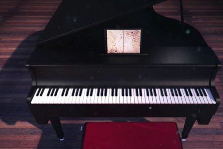 birds eye view of a black grand piano