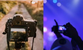 dslr camera on tripod and a woman taking a photo of a concert using a smartphone