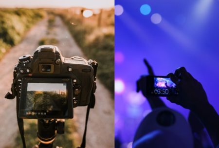 dslr camera on tripod and a woman taking a photo of a concert using a smartphone