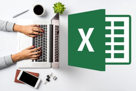 microsoft excel logo beside image of man typing on silver laptop