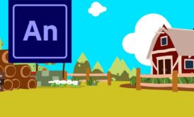 adobe animate logo and a graphic illustration of a barnyard in the background