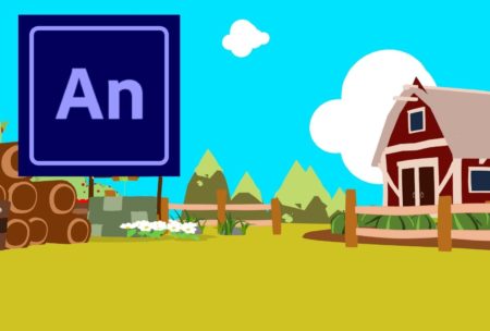 adobe animate logo and a graphic illustration of a barnyard in the background