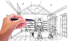 hand drawing a perspective of a kitchen