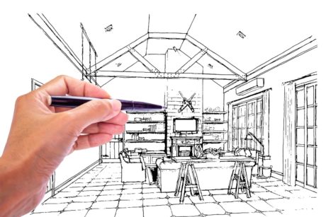 hand drawing a perspective of a kitchen