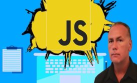 javascript logo and photo of course instructor laurence