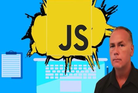 javascript logo and photo of course instructor laurence