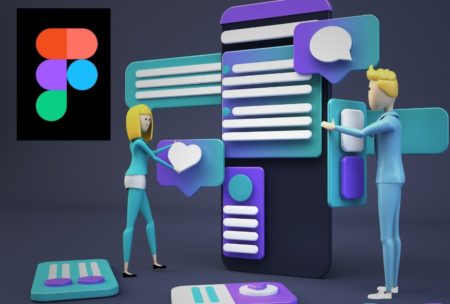 Two individuals standing near a phone with a chat bubble. Image related to figma megacourse