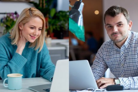 woman wearing teal sweatshirt and man wearing a white formal plaid top