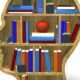 book shelf shaped like a human head with books and a red apple in the middle