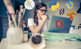 Woman sitting on desk and learning about data science through her laptop