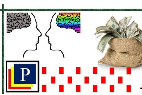 multi colored human brain and a sack of money