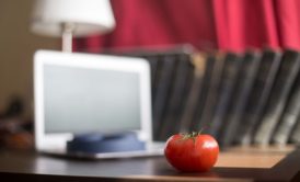 white laptop books and tomato