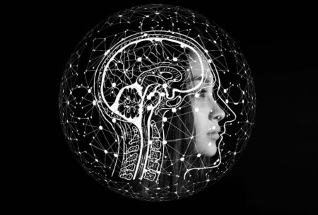 woman and black and white illustration of the human brain