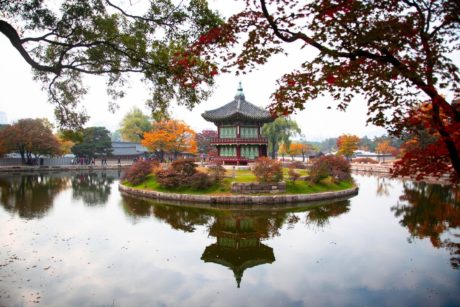 korean shrine in the middle of lake