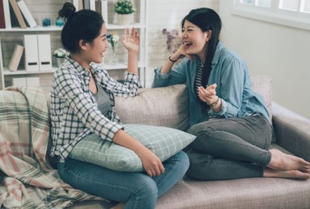 two women having conversation in korean