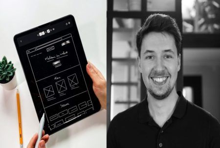 a man engaged in a service design masterclass, holding a tablet displaying a detailed drawing