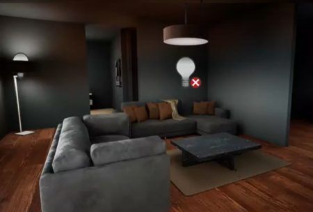 a dimly lit room featuring a couch and a lamp, showcasing a scene from an Unreal Engine 5 tutorial