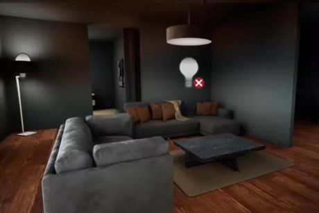 a dimly lit room featuring a couch and a lamp, showcasing a scene from an Unreal Engine 5 tutorial