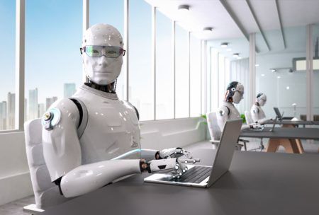 an office scene featuring a robot focused on a laptop, representing the concept of earning passive income with ChatGPT