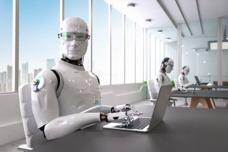 an office scene featuring a robot focused on a laptop, representing the concept of earning passive income with ChatGPT