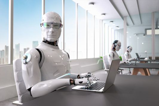 an office scene featuring a robot focused on a laptop, representing the concept of earning passive income with ChatGPT