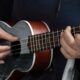 person playing ukulele in park, fingers on basic ukulele chords, surrounded by greenery