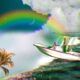 boat at the edge of a waterfall under a night sky and rainbow