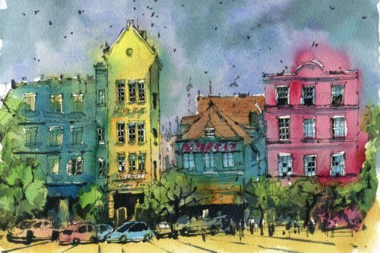 Colorful house and building portraits water color painting