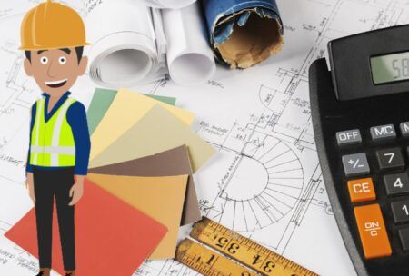 cartoon man beside a calculator and construction paper, symbolizing construction cost estimating and project planning