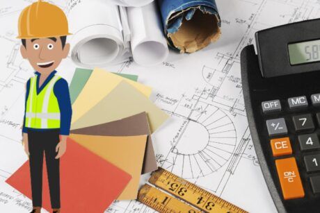 cartoon man beside a calculator and construction paper, symbolizing construction cost estimating and project planning