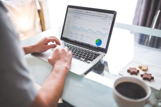 a person, identified as a WordPress SEO expert, analyzes a graph displayed on their laptop
