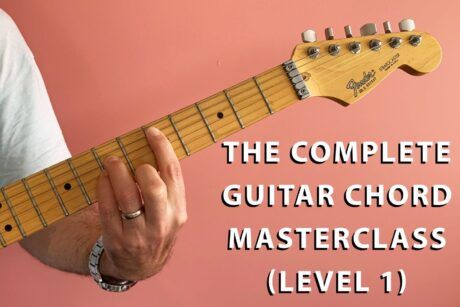 visual representation of a beginner guitar chords masterclass, focusing on foundational chords and skills for Level 1 learners
