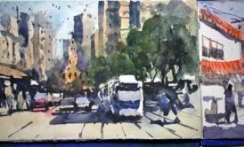 Painting A Coastal Landscape With Boats And Buildings