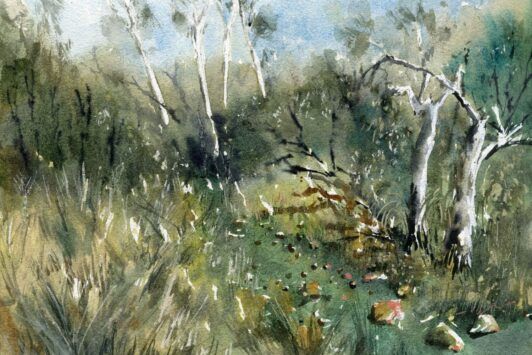Atmospheric Natural Landscapes In Watercolor